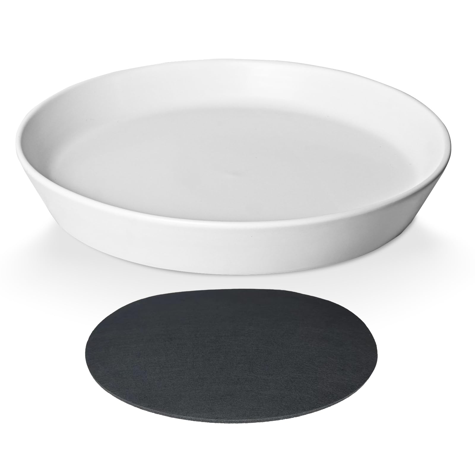 GIKUPOM front view of white ceramic saucer showing tidy catch basin benefit