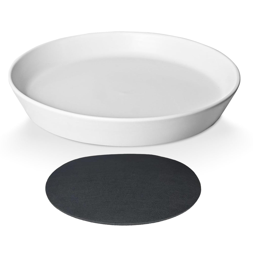 GIKUPOM front view of white ceramic saucer showing tidy catch basin benefit