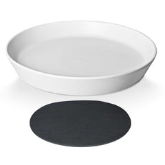 GIKUPOM front view of white ceramic saucer showing tidy catch basin benefit