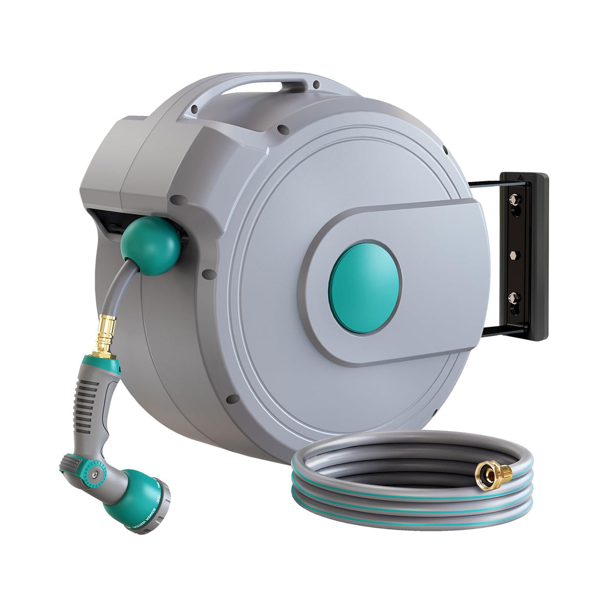 GILBEST front-mounted reel showing neat storage and tidy yard benefit
