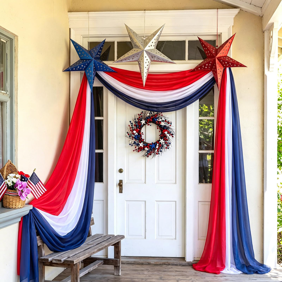 Gilprop front view of bunting and stars showing patriotic curb appeal