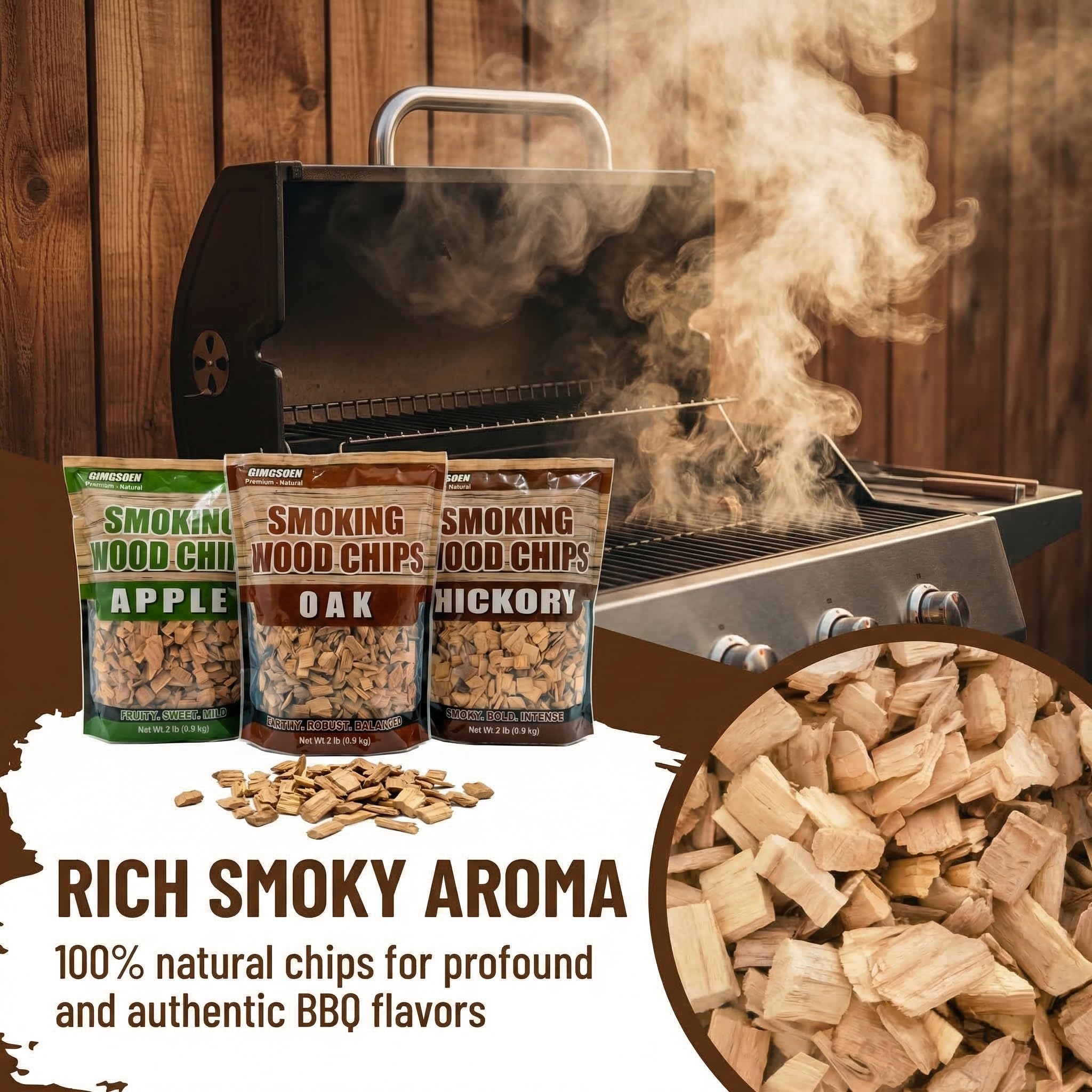 Gimgsoen hickory chips grain close-up showing bold smoke potential