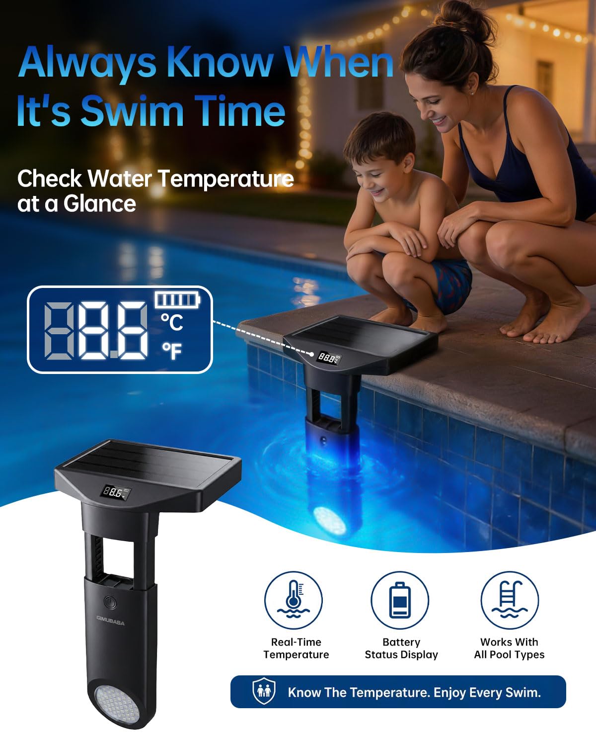 gimubaba closeup LCD temperature and battery display for instant pool status