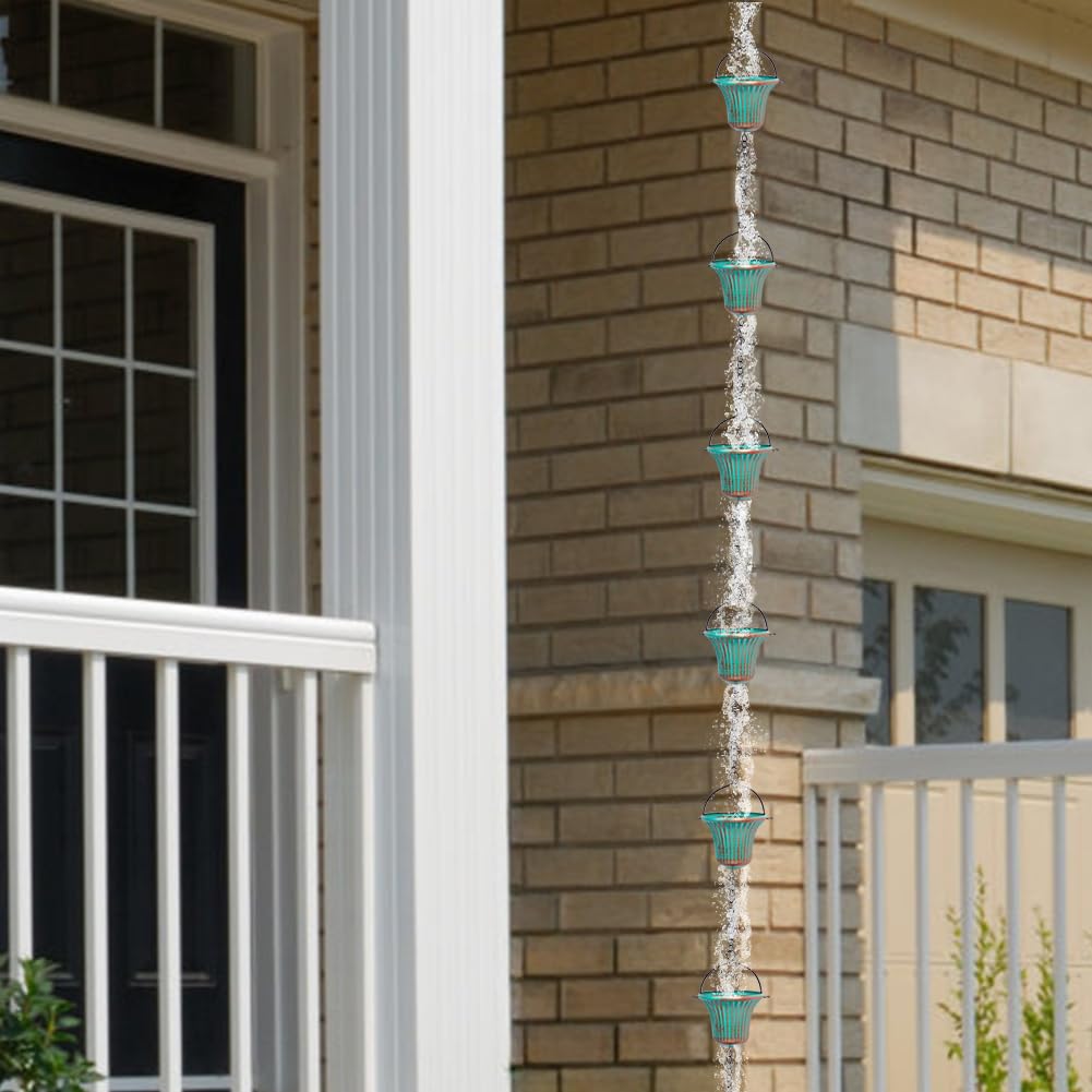 giole rain chain in garden setting adding visual charm and calming water sounds