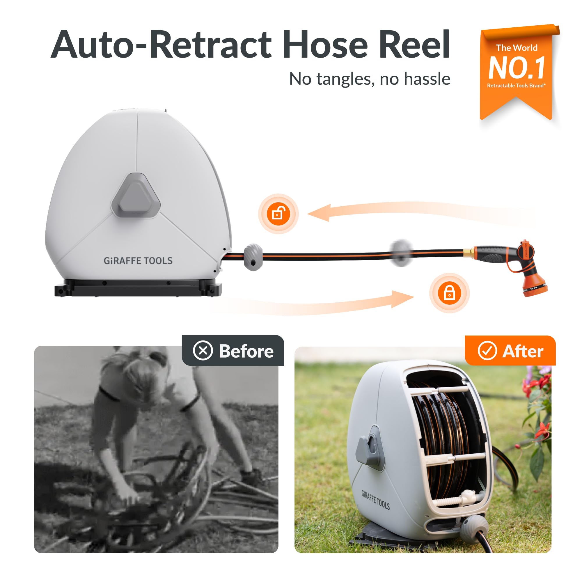 Giraffe Tools close-up of reel housing highlighting smooth, easy-to-clean surface