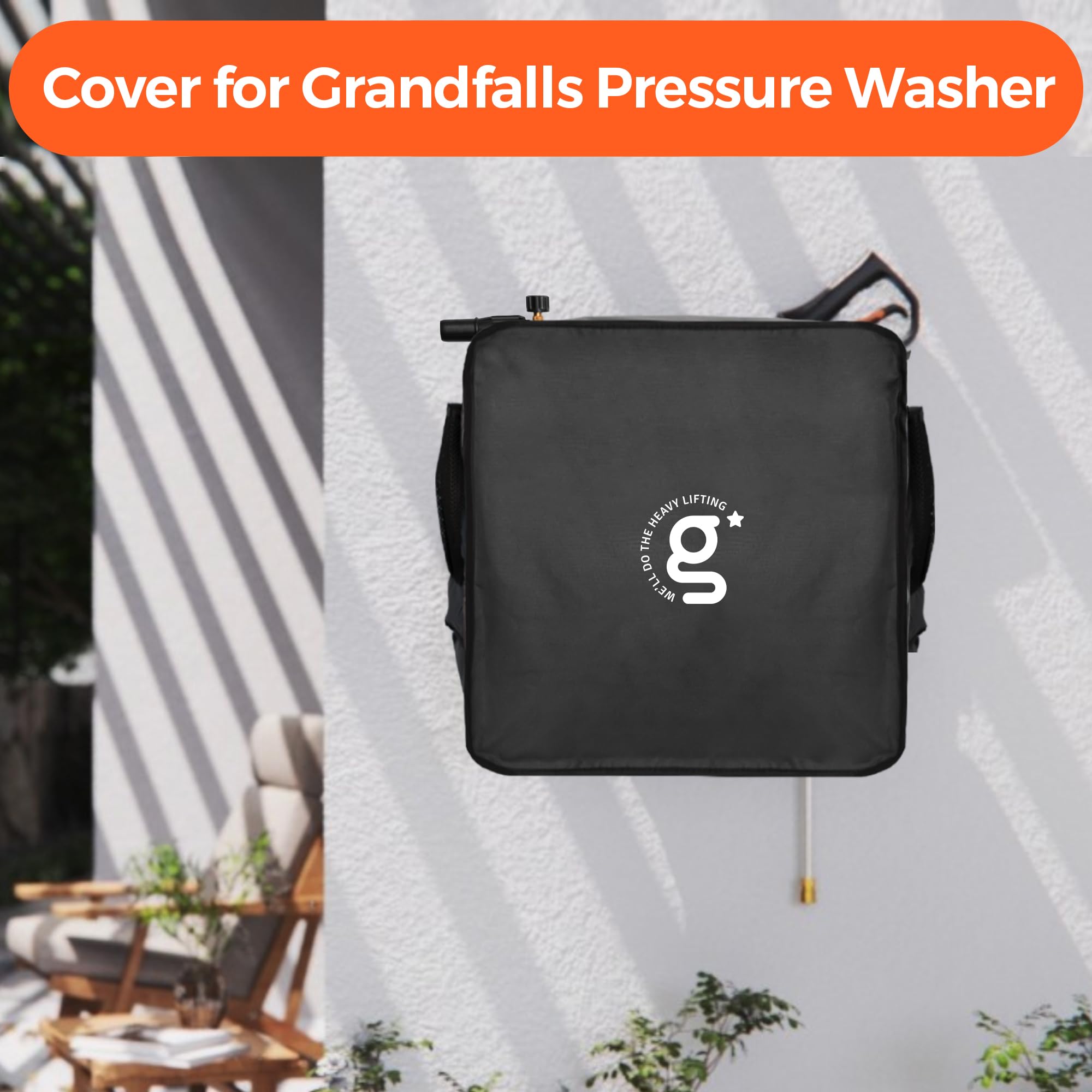 Giraffe Tools cover next to pressure washer showing fit and scale