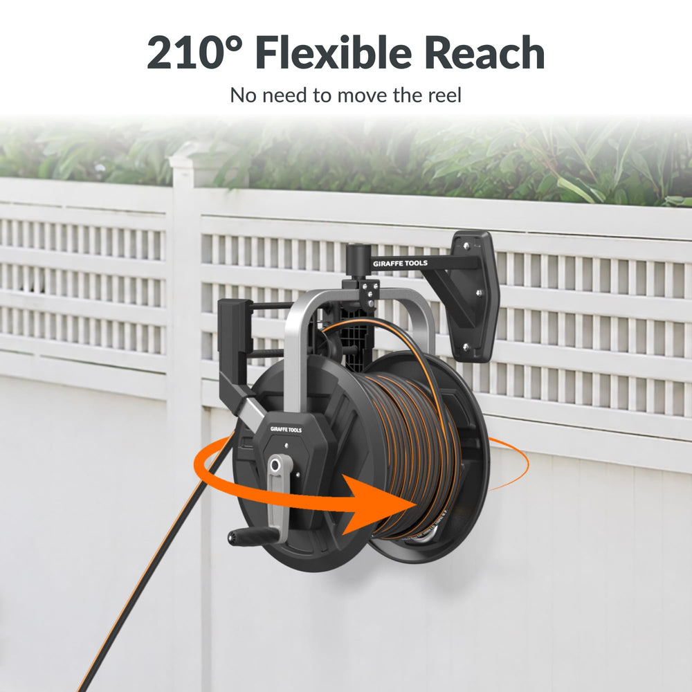 Giraffe Tools crank handle detail for easy manual winding and low-effort hose retraction