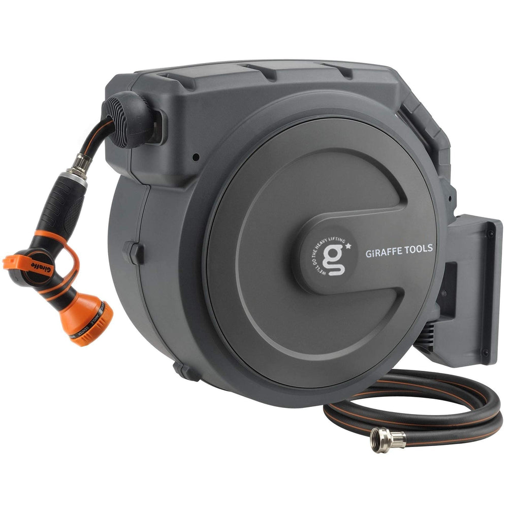 Giraffe Tools front-mounted reel showing compact wall installation and tidy storage benefit