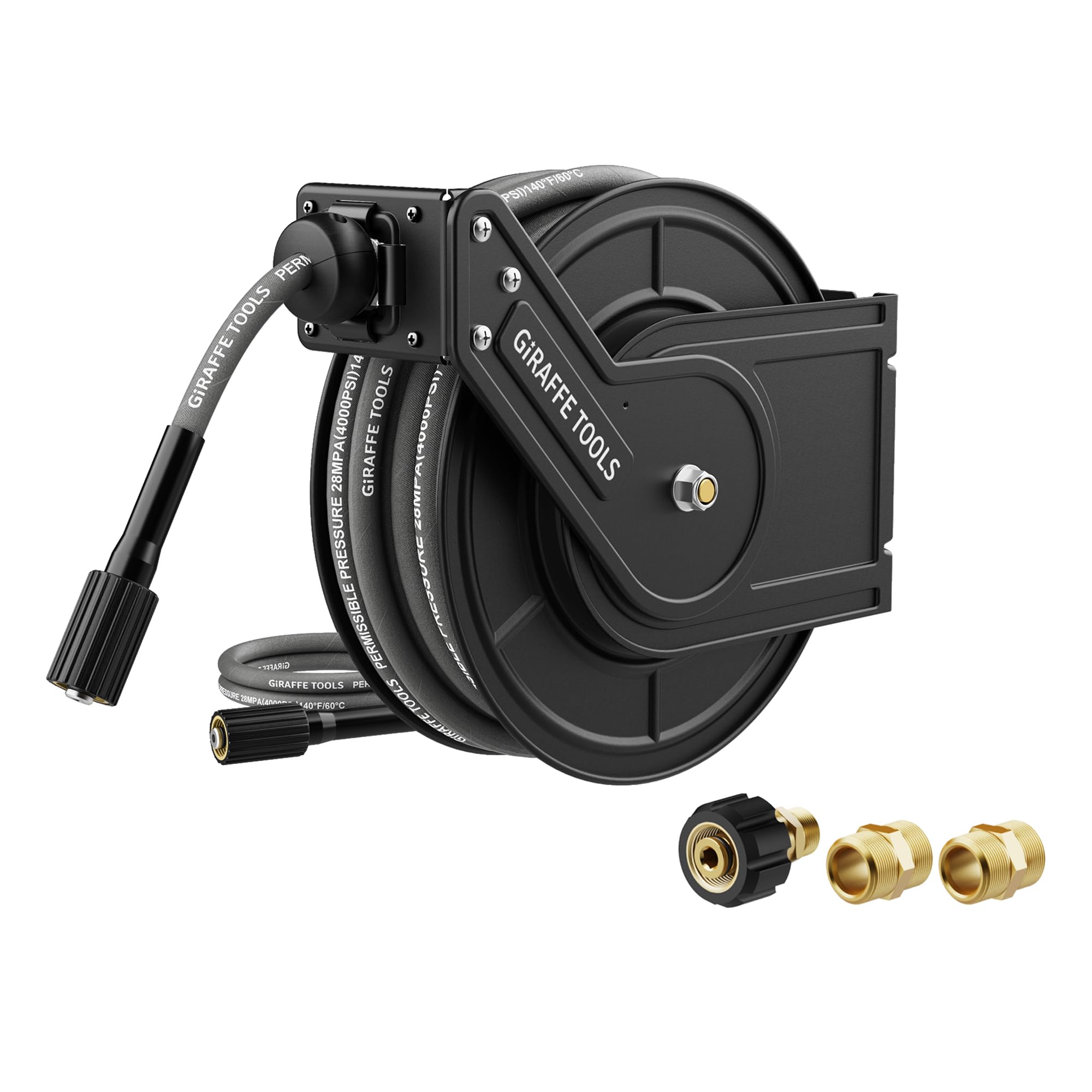 Giraffe Tools front-mounted reel showing compact wall storage and tidy hose benefit