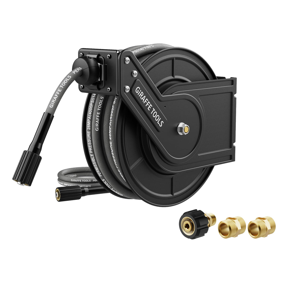 Giraffe Tools front-mounted reel showing compact wall storage and tidy hose benefit