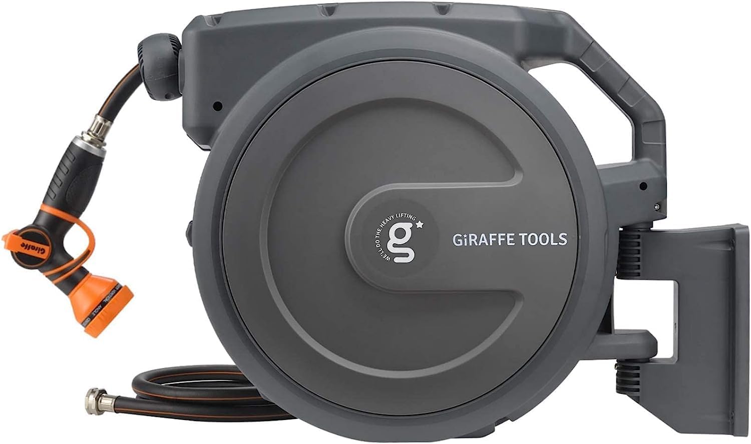 Giraffe Tools front-mounted reel installed on exterior wall showing compact profile and tidy storage