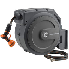 Giraffe Tools front-mounted reel showing compact wall installation and tidy storage benefit