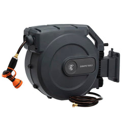 Giraffe Tools front view of wall-mounted reel showing compact storage and tidy appearance