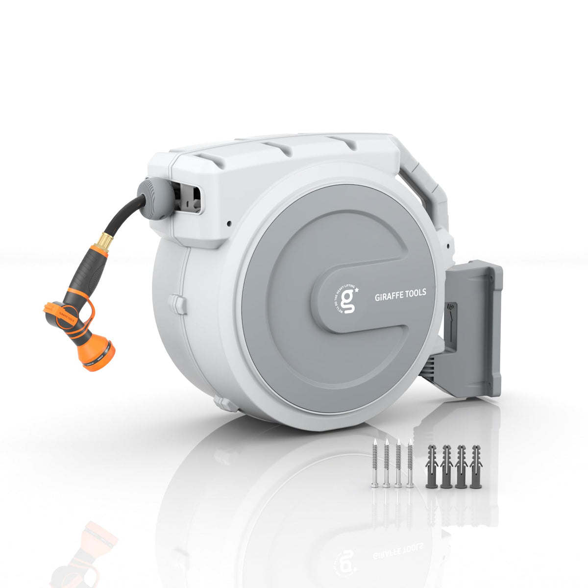 Giraffe Tools front view of light-grey reel showing compact storage benefit