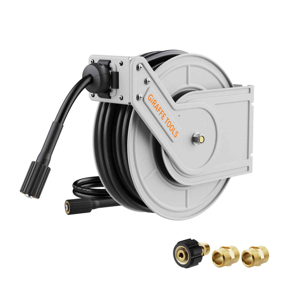 Giraffe Tools front view showing reel and mounting brackets for neat storage