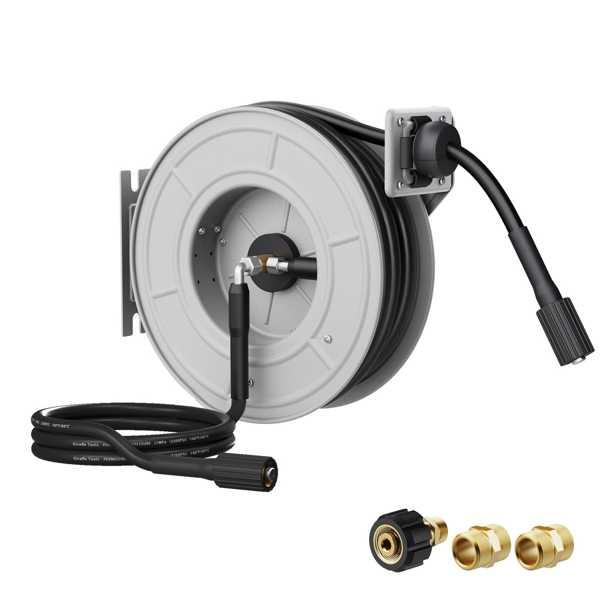 Giraffe Tools front view mounted reel showing compact organized storage