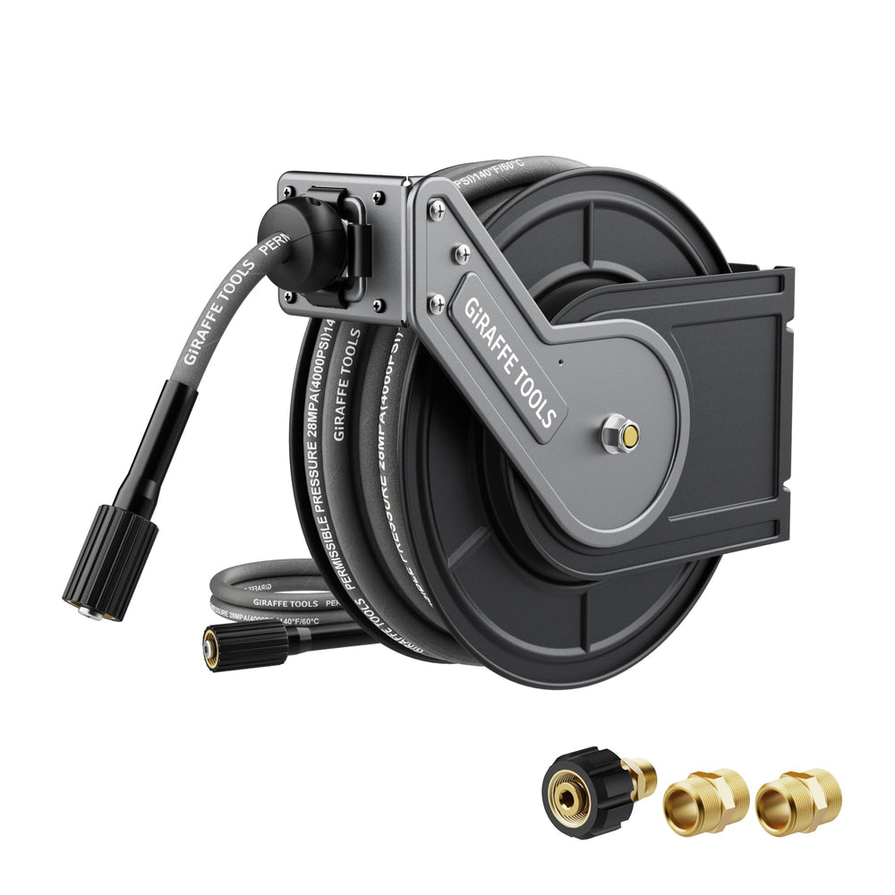 Giraffe Tools front view of mounted reel shows organized hose storage and safer workspace