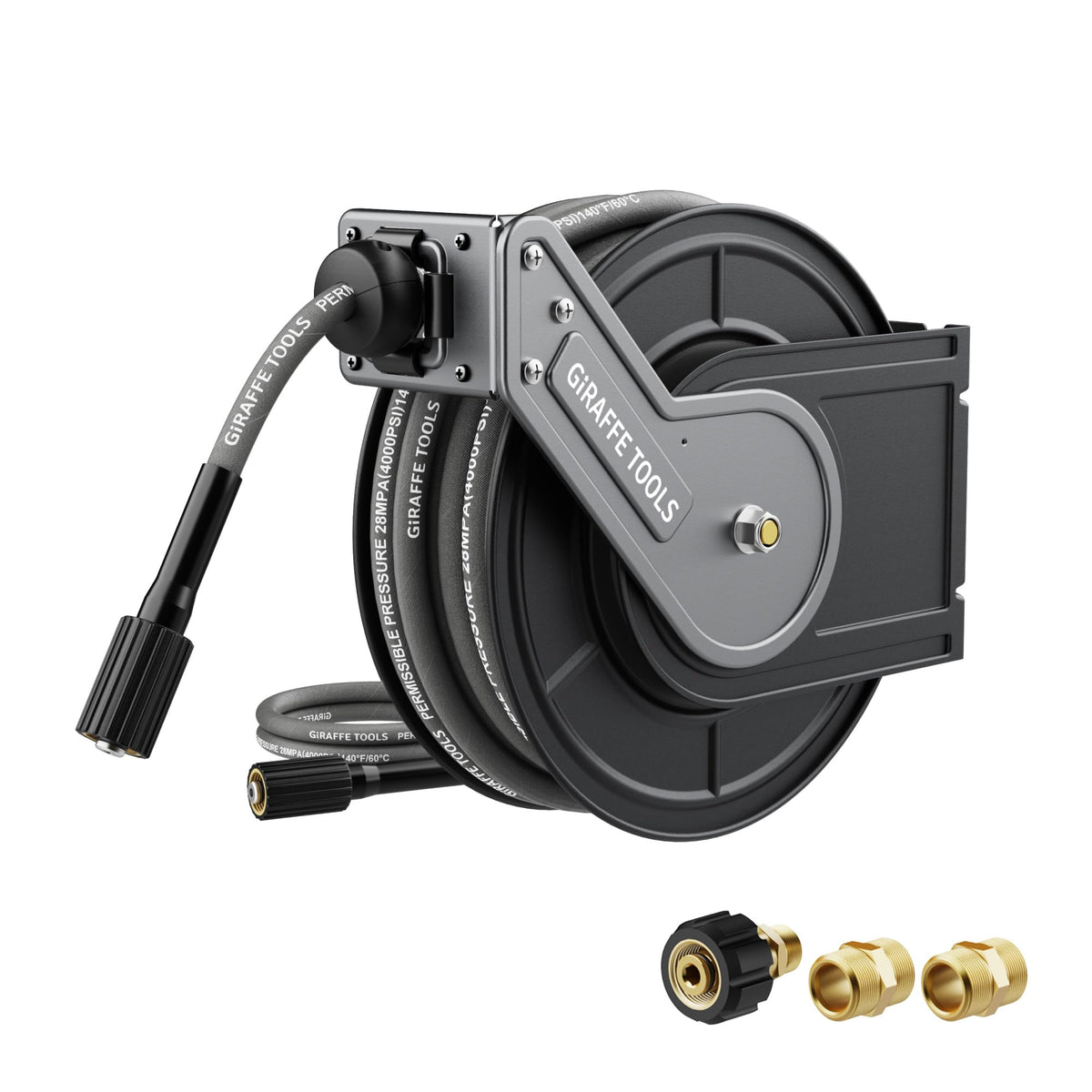 Giraffe Tools front view of mounted reel shows organized hose storage and safer workspace