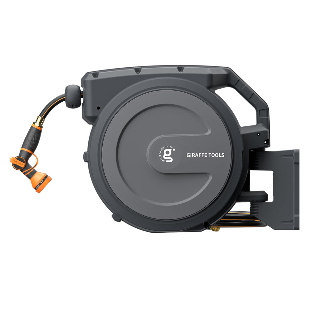 Giraffe Tools front-mounted reel showing compact storage and tidy yard benefit