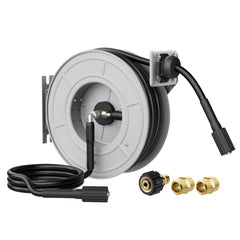 Giraffe Tools front view of retractable hose reel showing compact mounted design and tidy storage