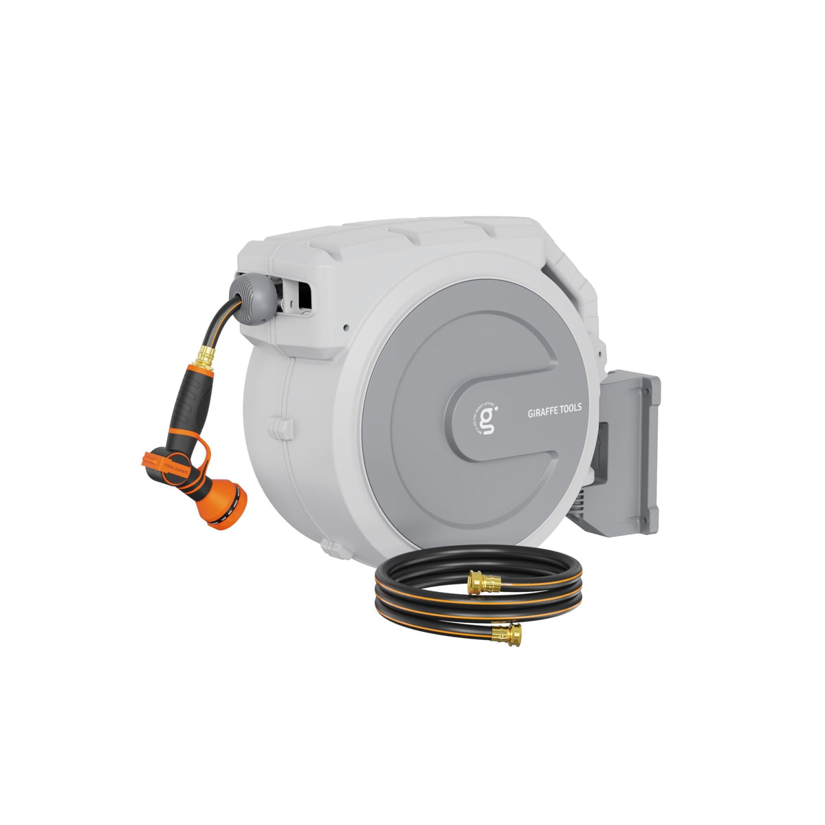 Giraffe Tools front view of wall-mounted reel showing tidy storage benefit