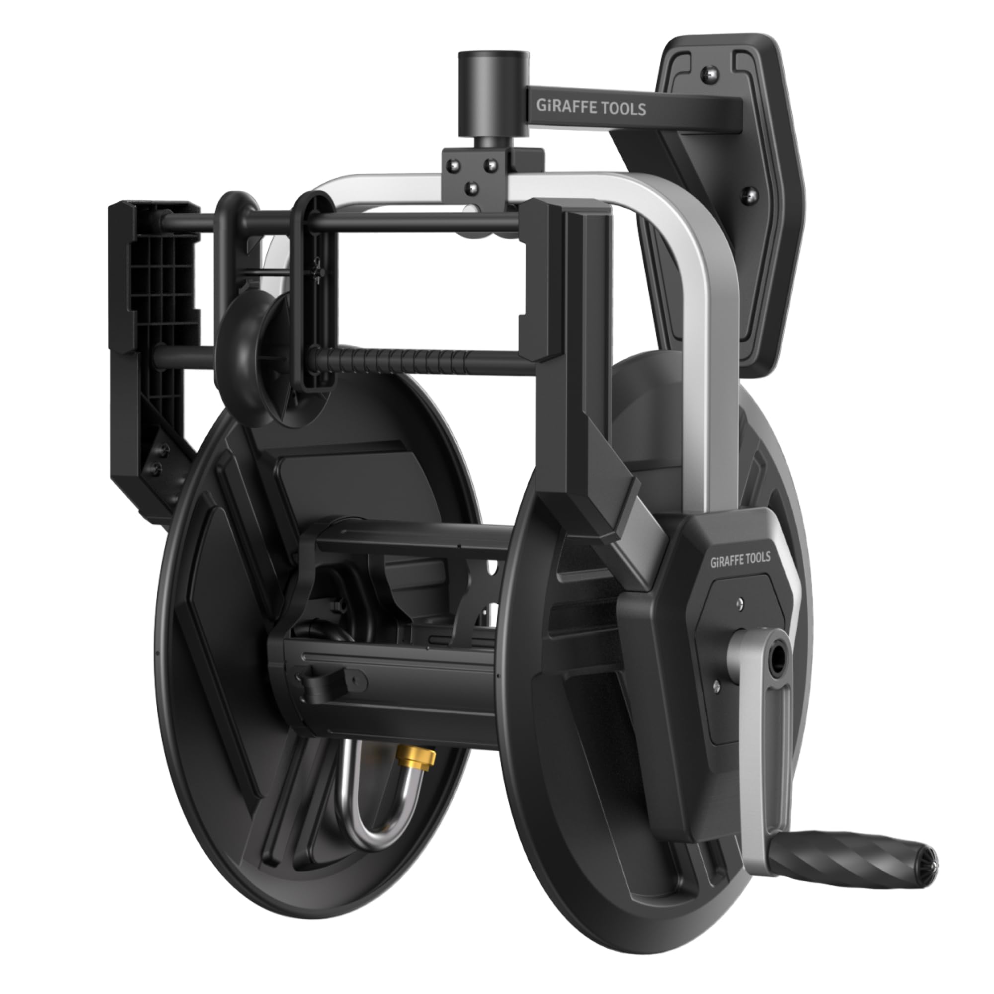Giraffe Tools front view of wall-mounted hose reel showing neat hose storage and space savings