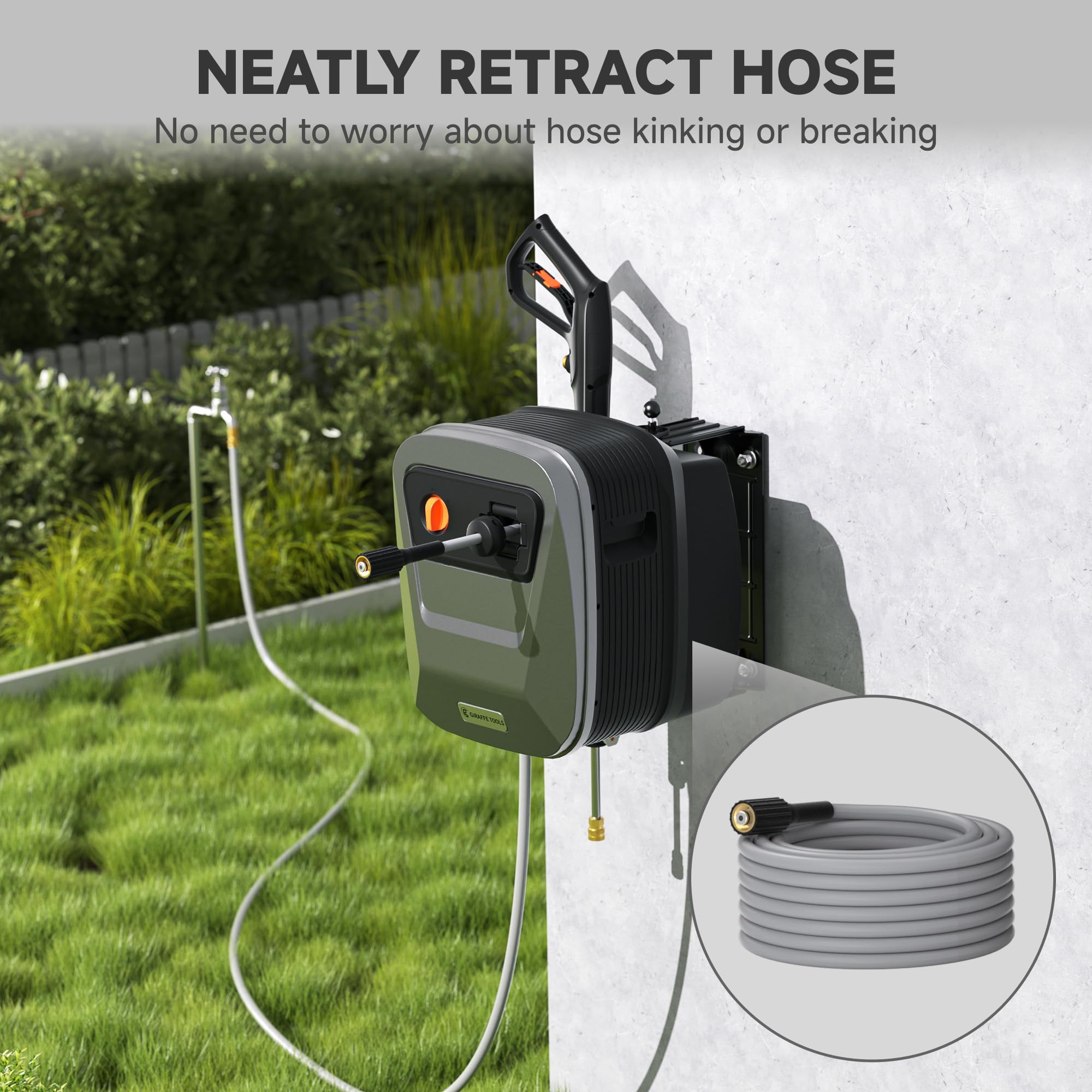 Giraffe Tools Grandfalls quick-connect nozzle set closeup, versatile spray-angle control benefit