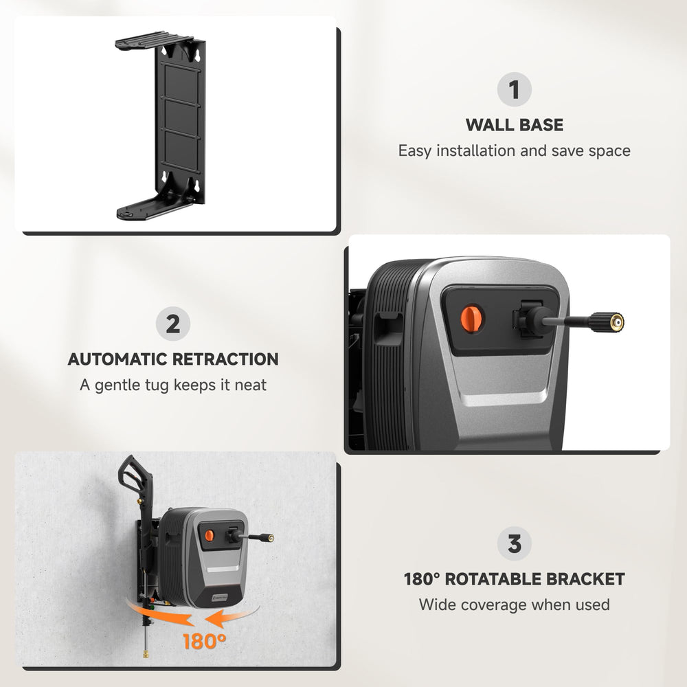 Giraffe Tools Grandfalls next to car showing scale and reach, long-hose convenience benefit