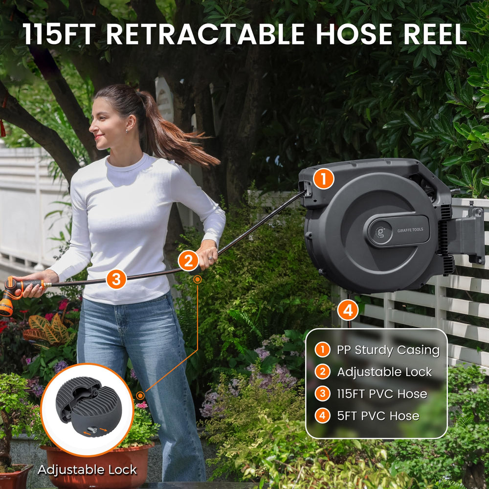 Giraffe Tools hose extended in use watering flower beds to demonstrate full reach benefit