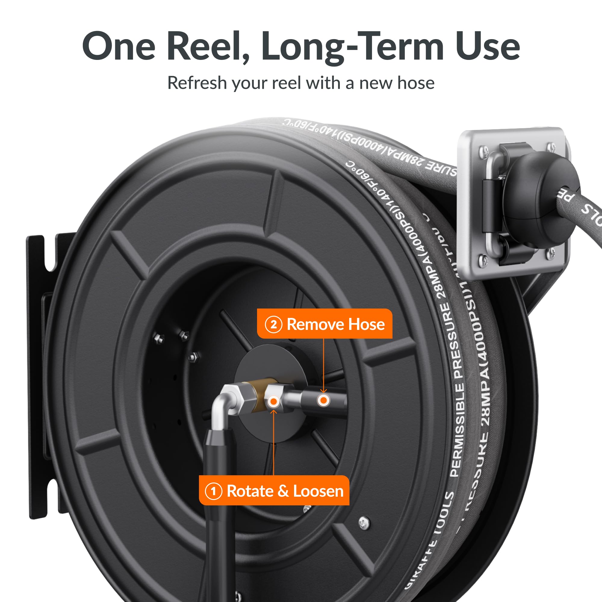 Giraffe Tools hose retracting into reel demonstrating easy one-tug tidy storage benefit
