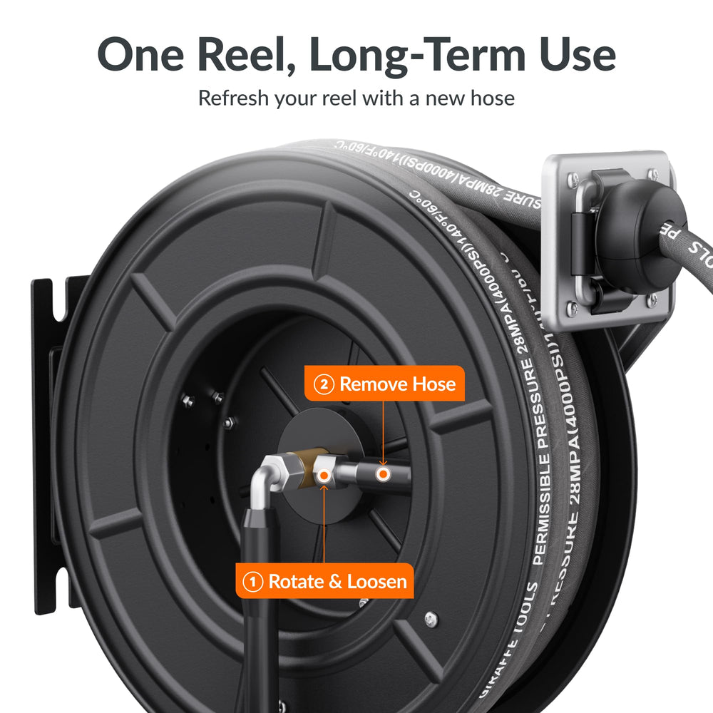 Giraffe Tools hose retracting into reel demonstrating easy one-tug tidy storage benefit