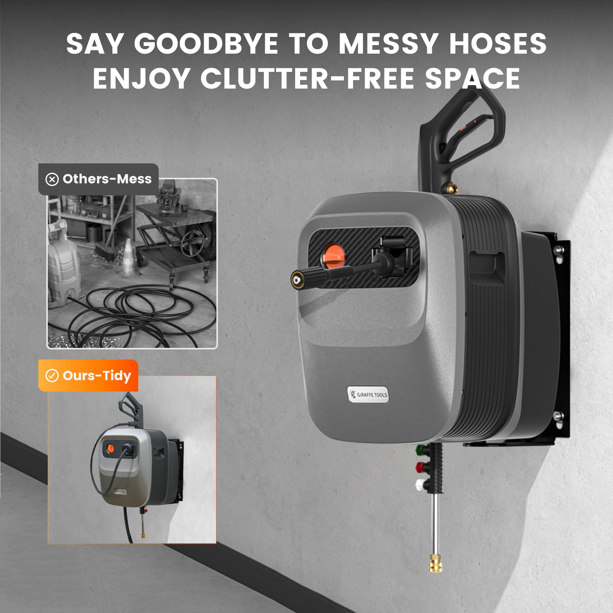Giraffe Tools cleaning a driveway showing powerful stain removal and wide reach benefit
