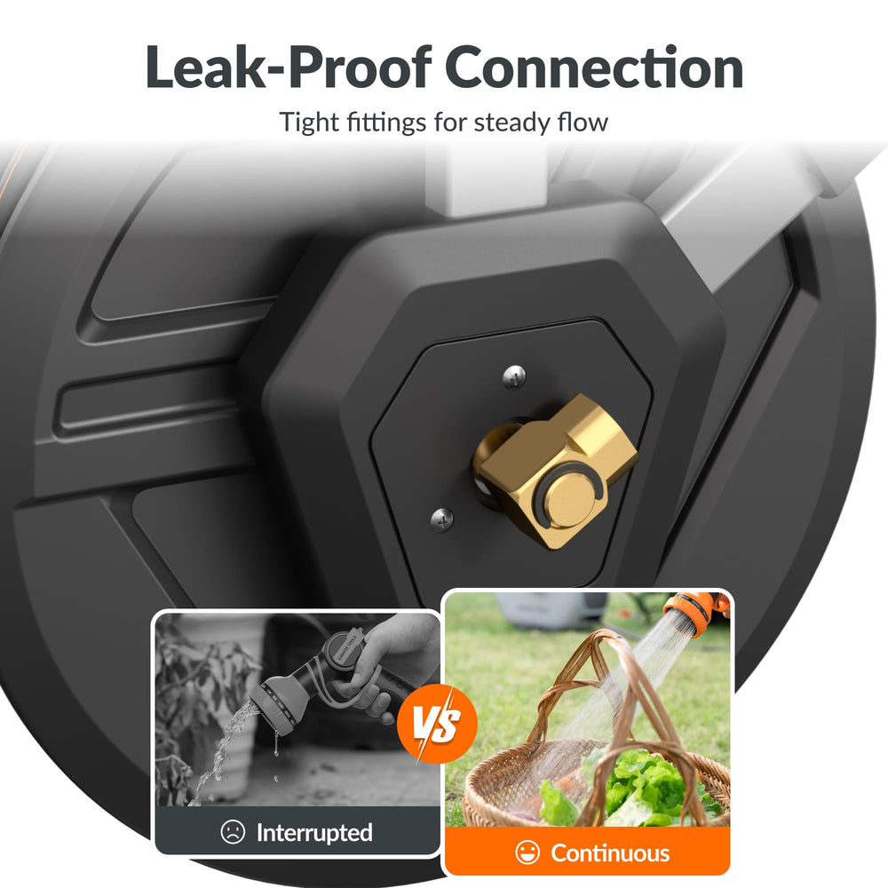 Giraffe Tools lead-in hose and solid-aluminum connector showing leak-resistant water flow