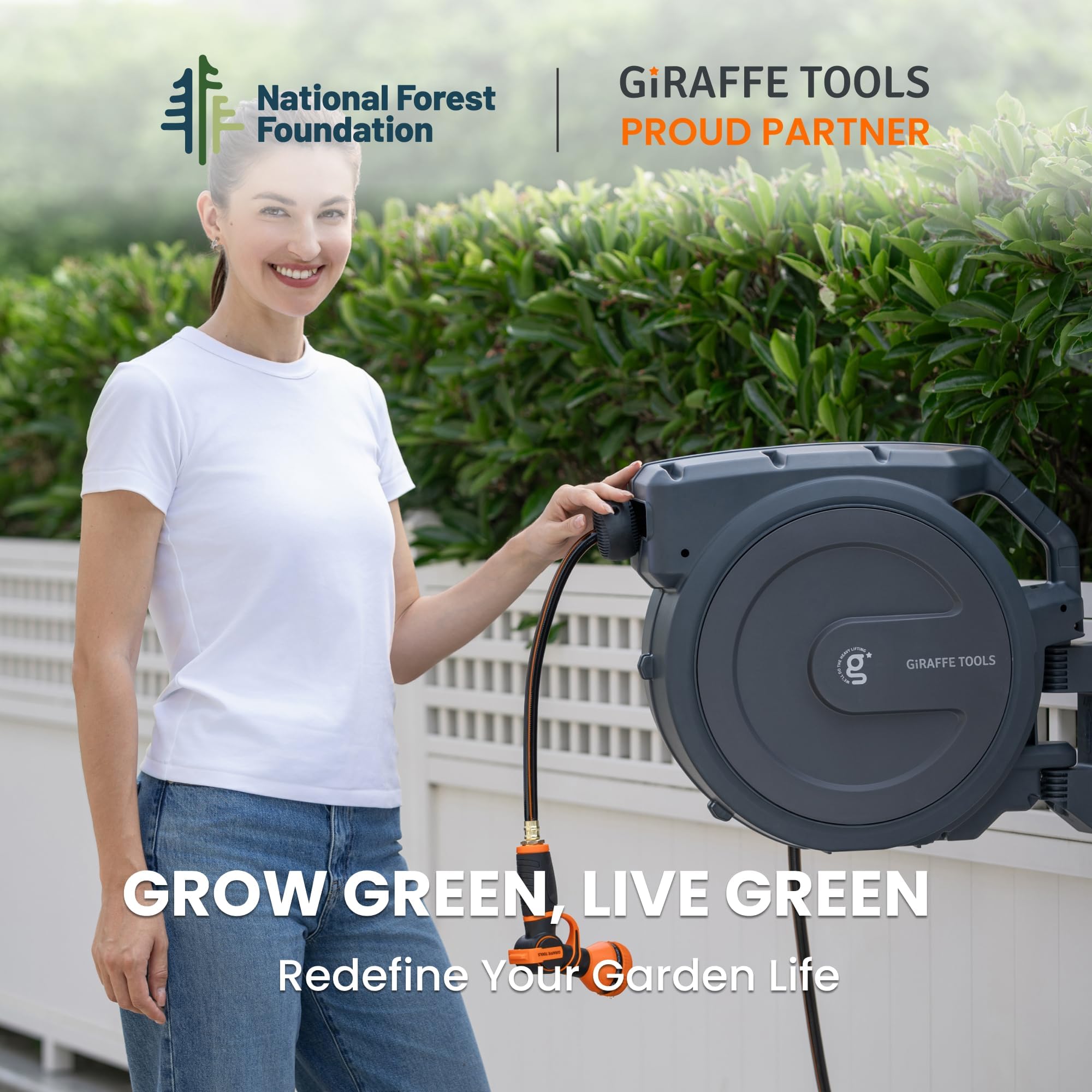 Giraffe Tools in a backyard watering plants and washing a car for convenience benefit