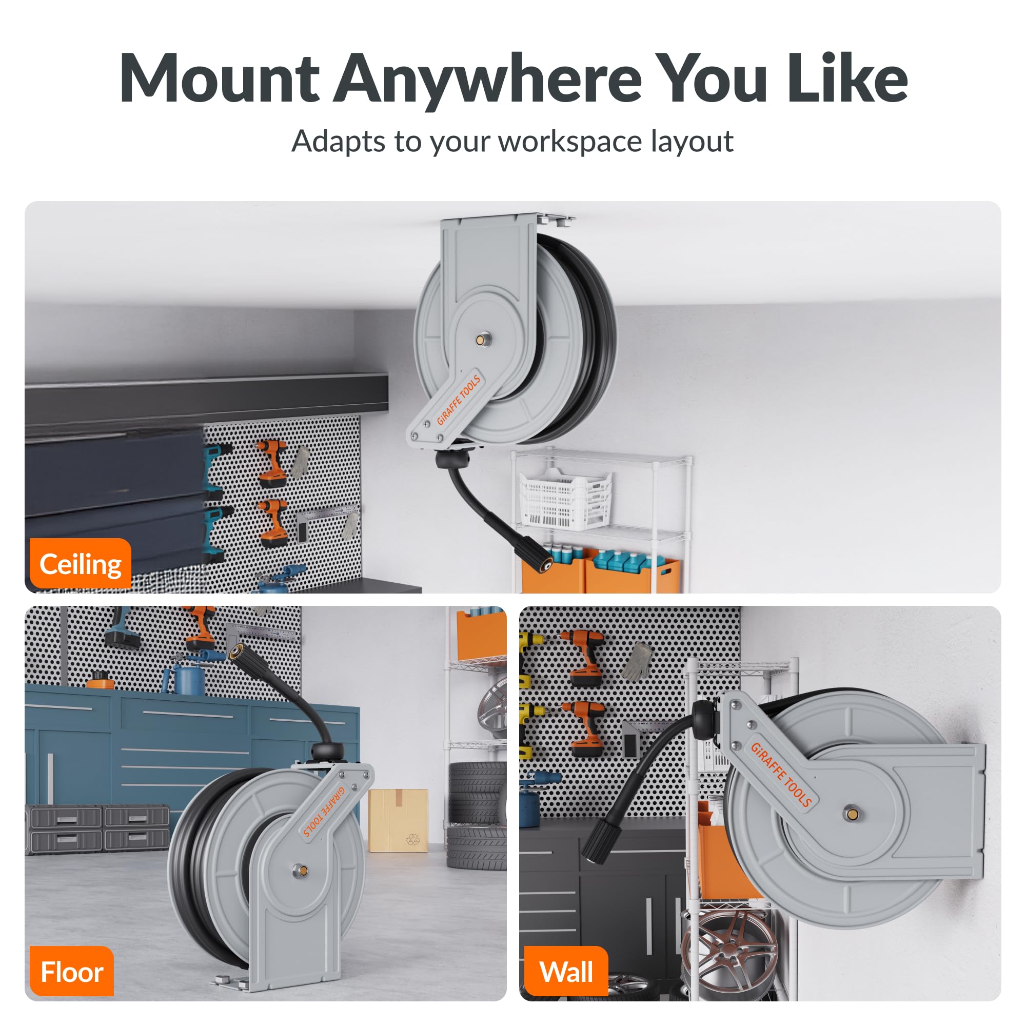 Giraffe Tools reel mounted in garage illustrating space-saving installation benefit
