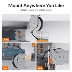 Giraffe Tools reel mounted in garage illustrating space-saving installation benefit