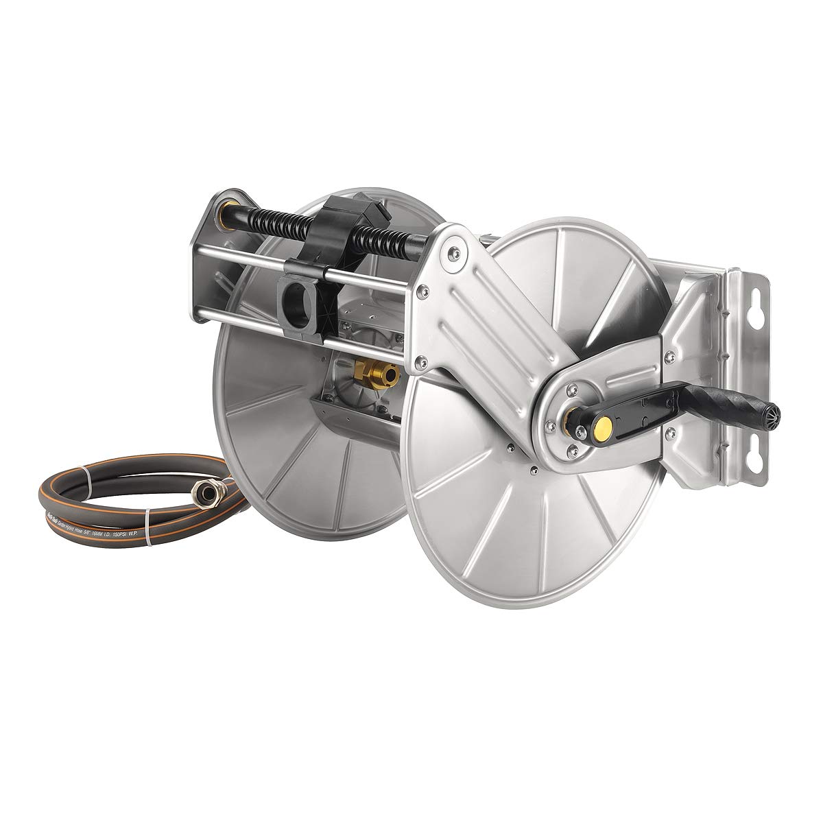 Giraffe Tools front view showing stainless steel reel and tidy hose storage benefit