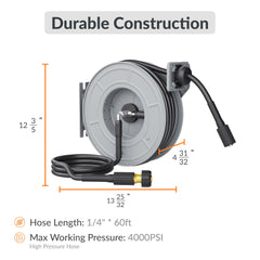 Giraffe Tools reel wall mounted in garage demonstrating space-saving and tidy setup