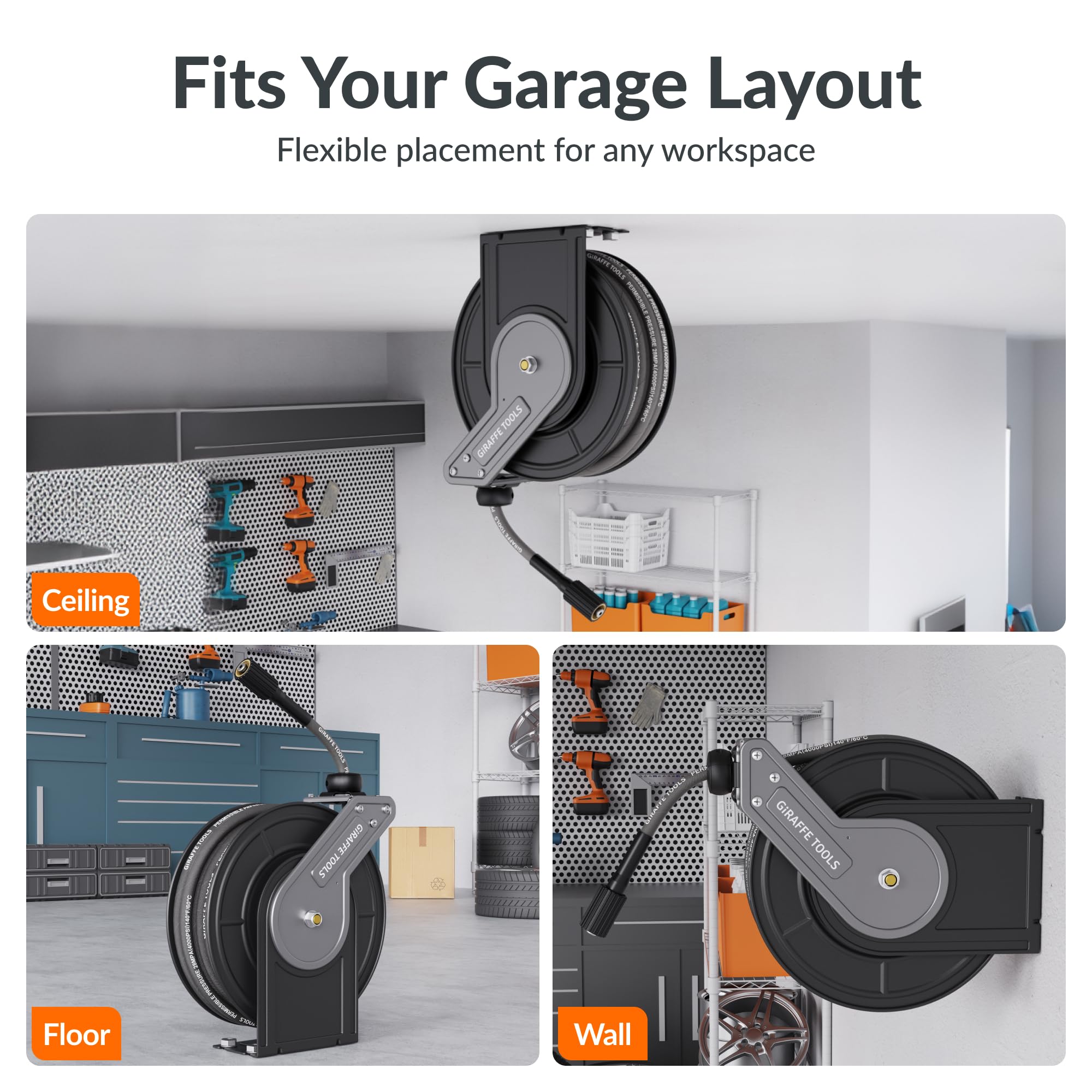 Giraffe Tools mounted on garage wall illustrating space-saving secure installation benefit