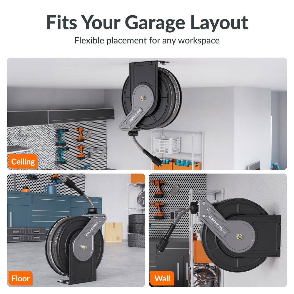 Giraffe Tools mounted on garage wall illustrating space-saving secure installation benefit