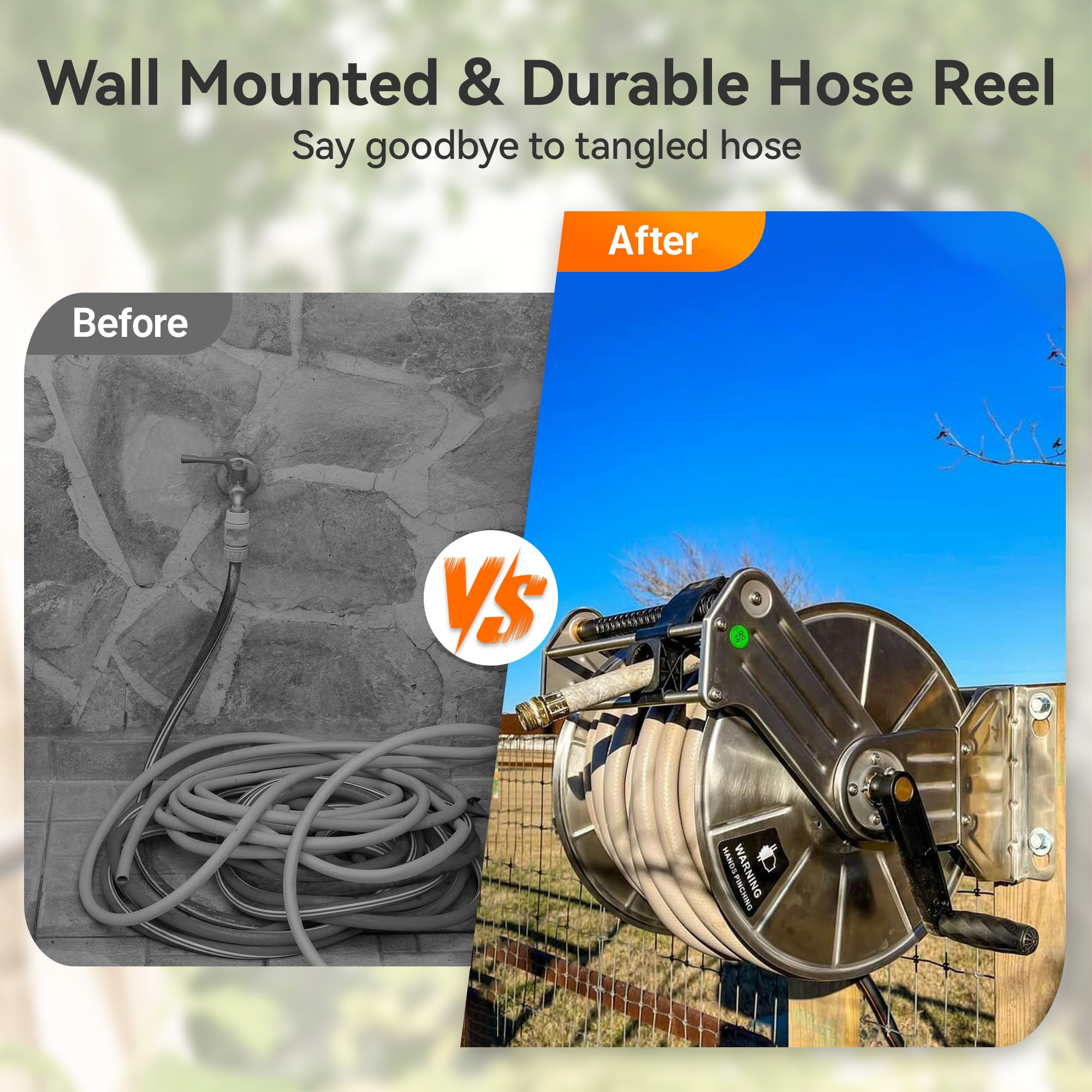 Giraffe Tools wall-mounted reel in garden delivering space-saving benefit