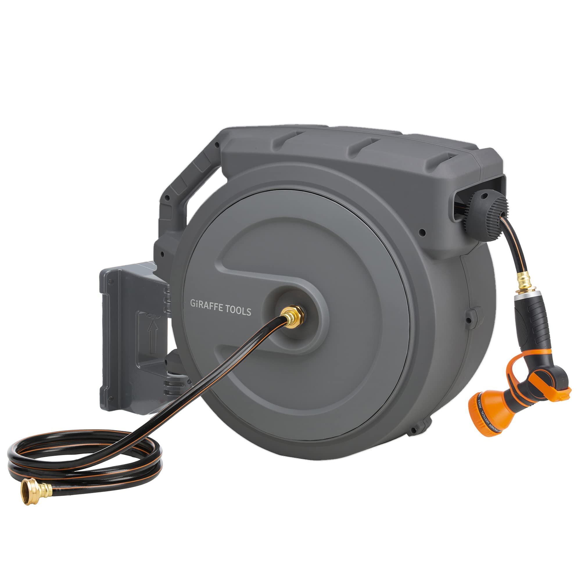 Giraffe Tools front view of retractable hose reel showing compact mounted design and tidy storage