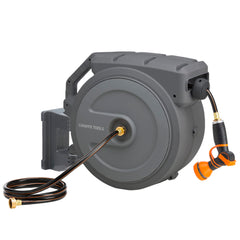 Giraffe Tools front view of retractable hose reel showing compact mounted design and tidy storage
