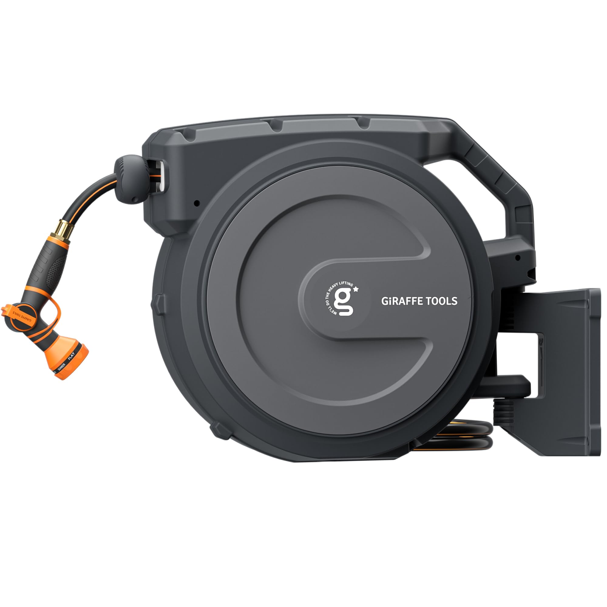 Giraffe Tools front view of retractable hose reel showing compact storage benefit