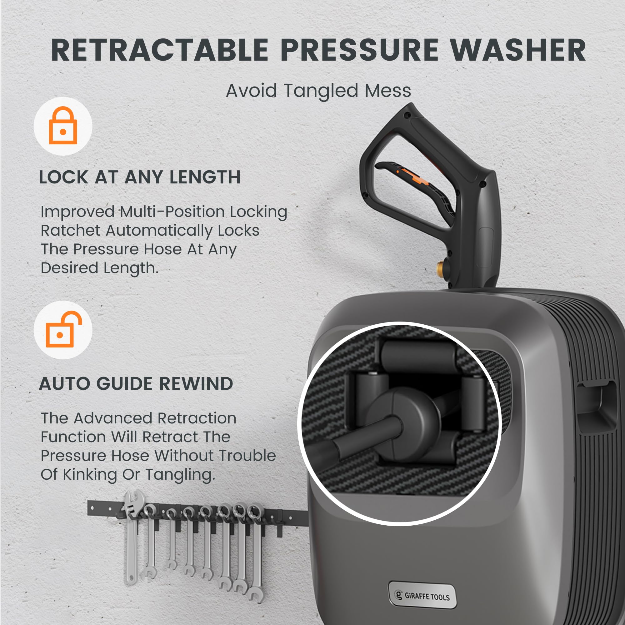 Giraffe Tools 65 ft retractable hose reel detail protecting hose from kinks benefit