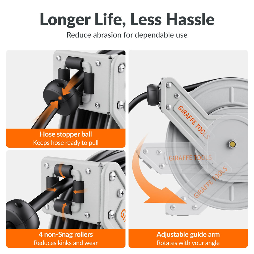 Giraffe Tools guide arm and rollers close-up protecting hose from abrasion