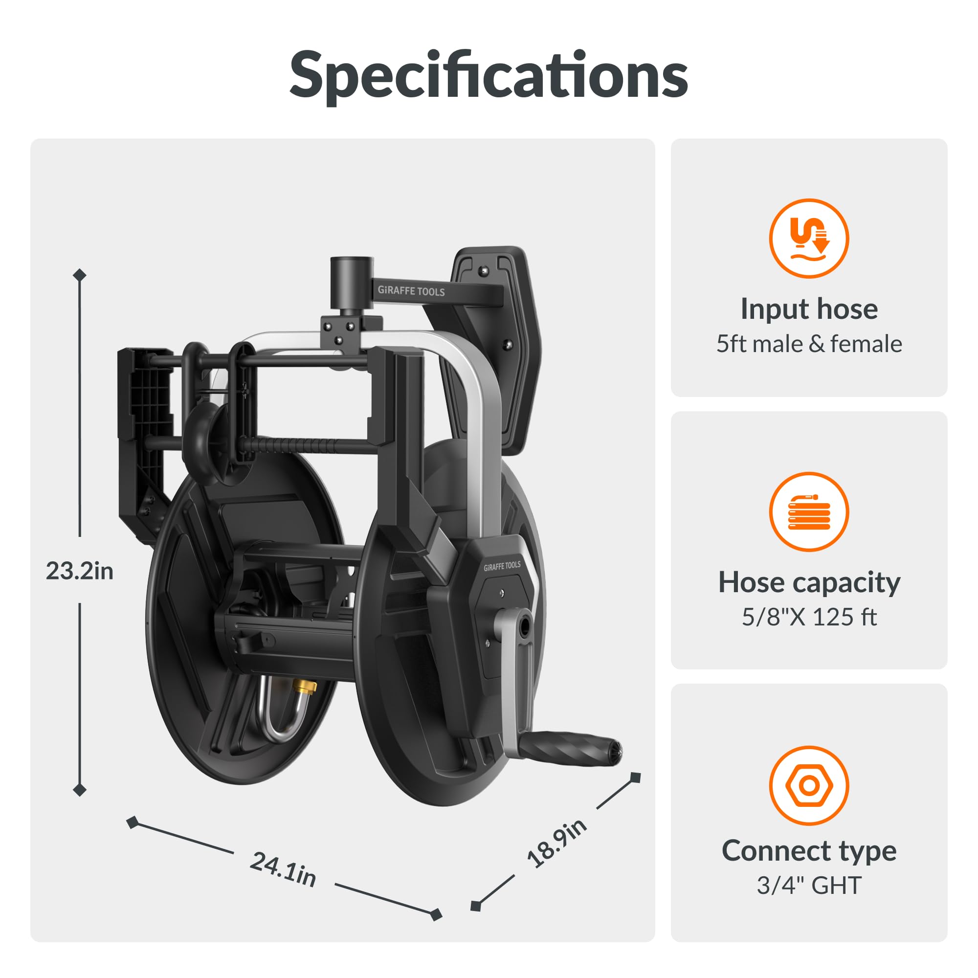 Giraffe Tools scale comparison with garden tools showing reel size and 125ft 5/8" capacity