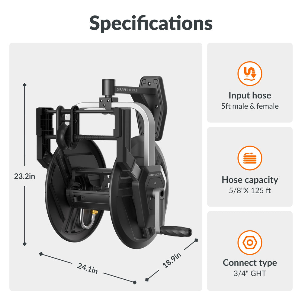 Giraffe Tools scale comparison with garden tools showing reel size and 125ft 5/8" capacity