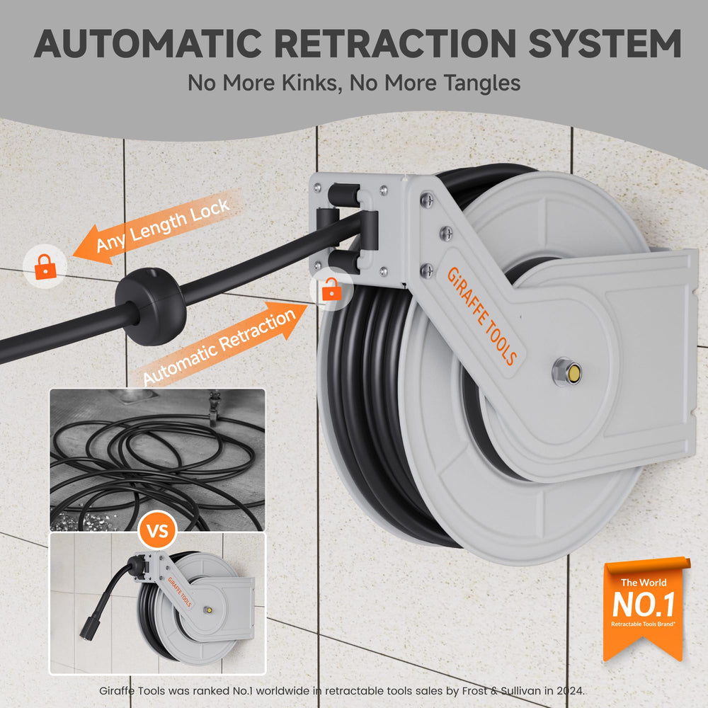 Giraffe Tools stainless-steel roller detail reducing hose wear for smooth retraction
