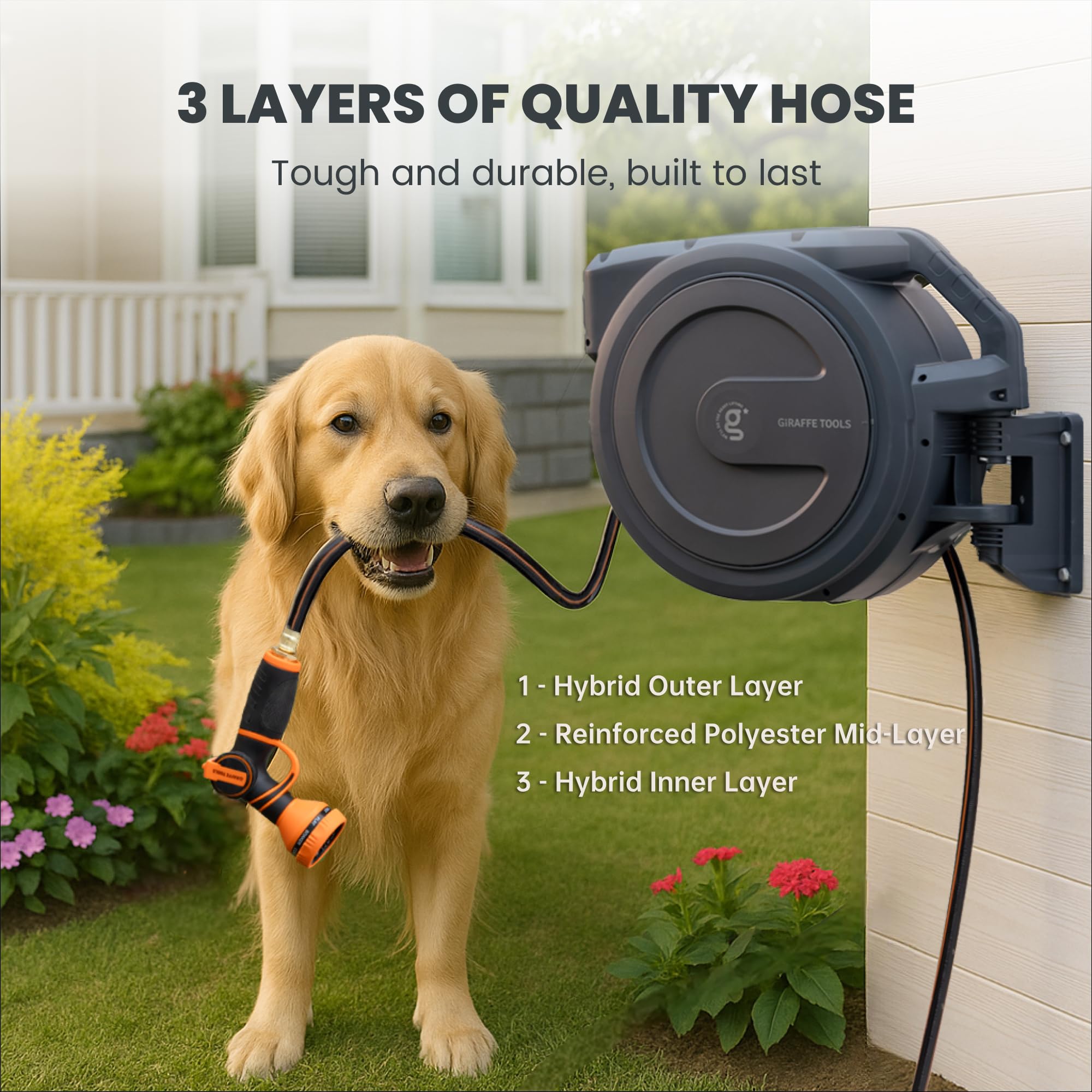 Giraffe Tools reel swiveling 180 degrees showing reach across garden without moving unit